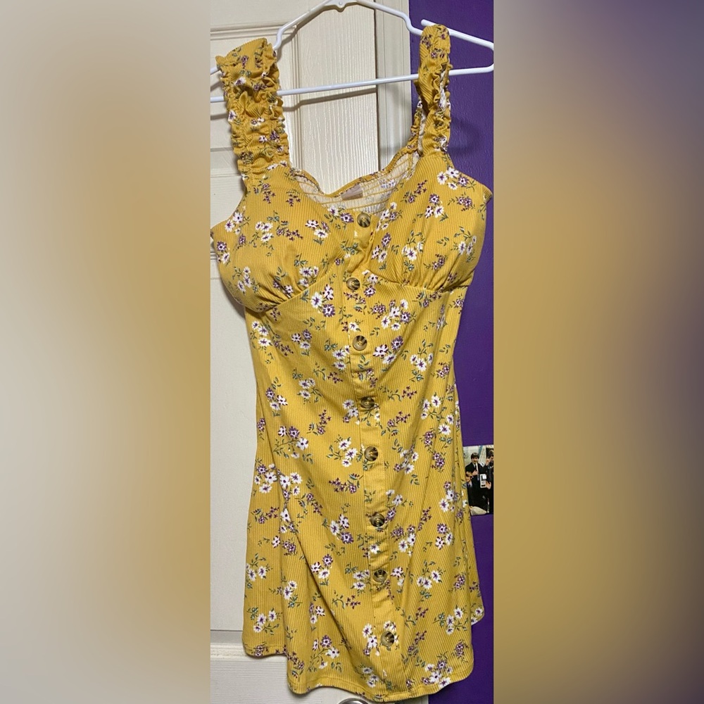 Mustard Yellow Ruffled Cami Dress With Buttons On Front